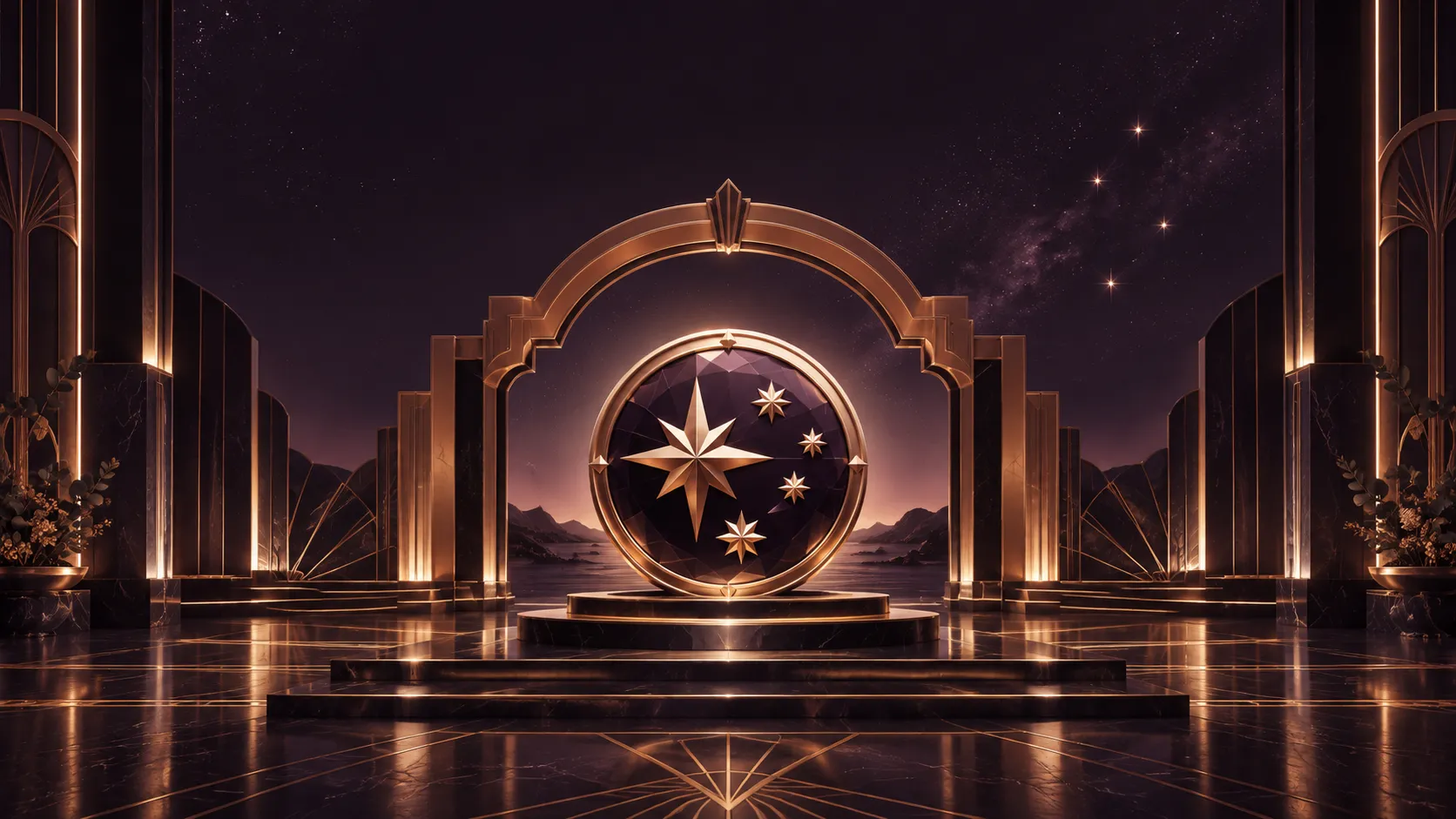 A symmetrical plum and copper Art Deco gallery framing a celestial medallion